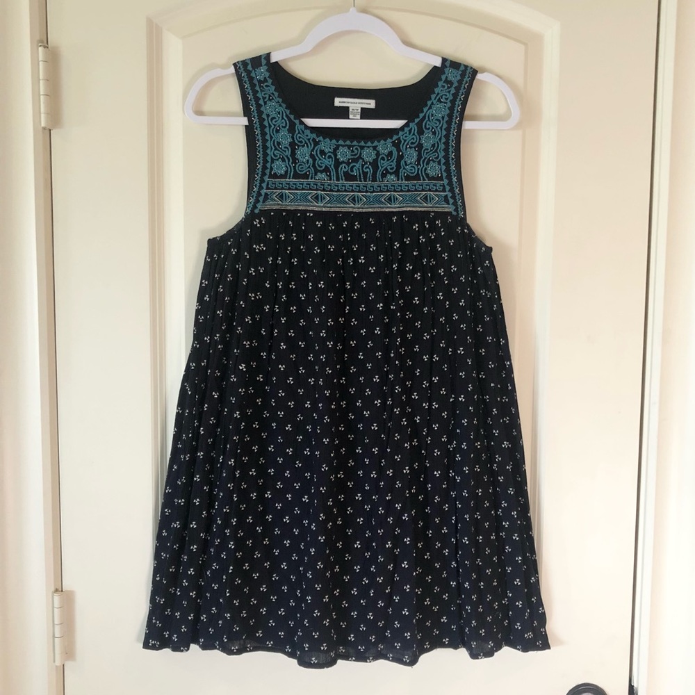 American Eagle Boho Embroidered Babydoll Mini Dress Black Turquoise Size XS